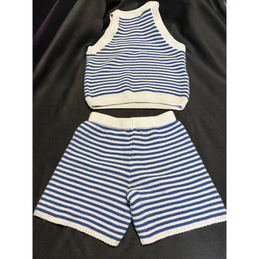 Cat & Jack Girls Blue Light Gray Striped Knit Tank Shorts 2 Piece Set 5T